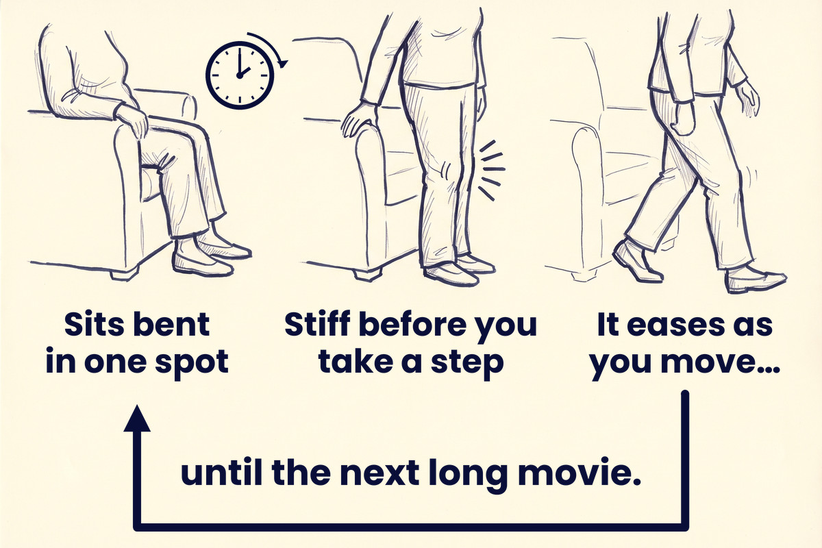 Marker sketch of a knee: bent in a chair for hours, stiff on the first step, easing as she walks, until the next long movie. Words: Sits bent in one spot. Stiff before you take a step. It eases as you move… until the next long movie.
