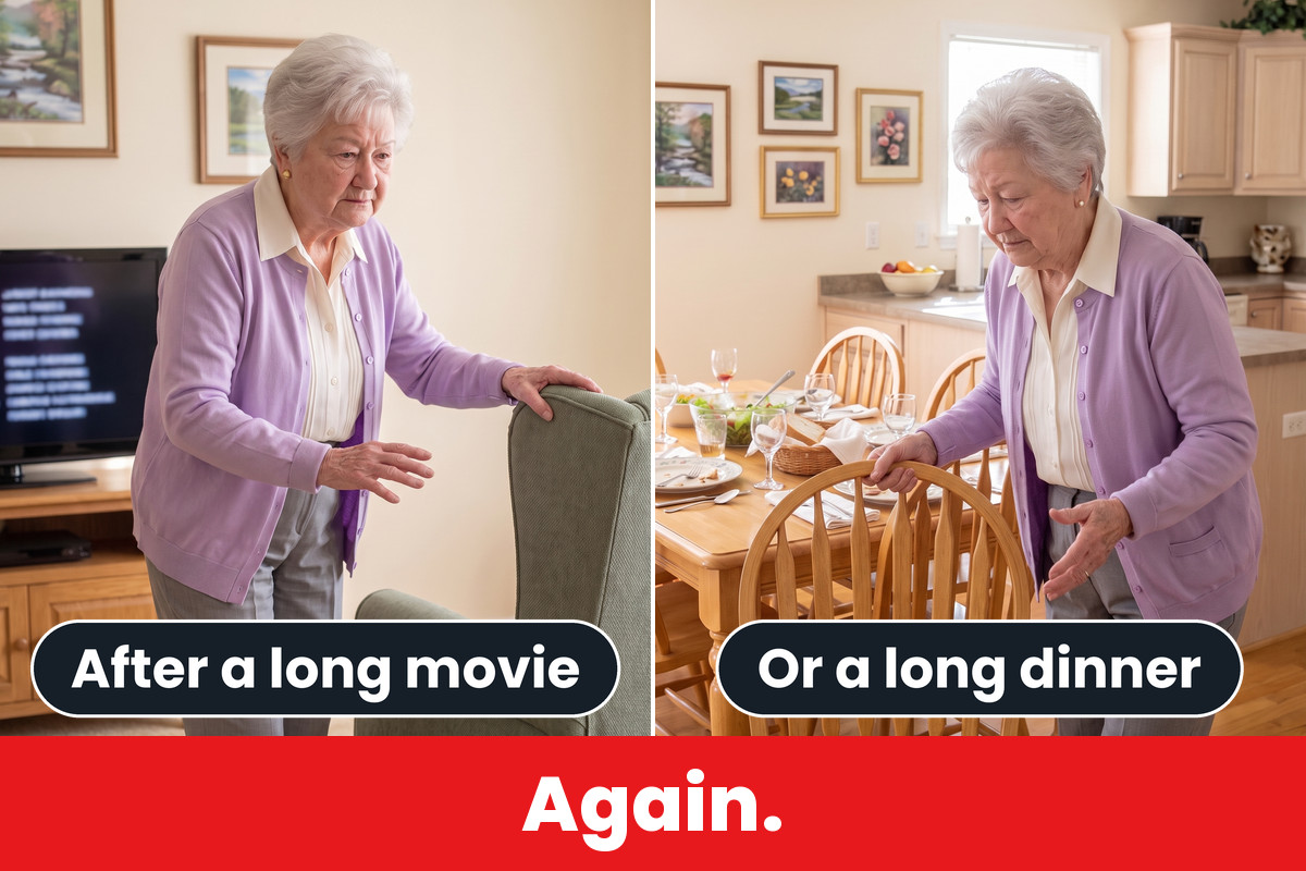 After a long movie, she waits bent over by her armchair; after a long dinner, she waits the same way by her dining chair. Words: After a long movie. Or a long dinner. Again.