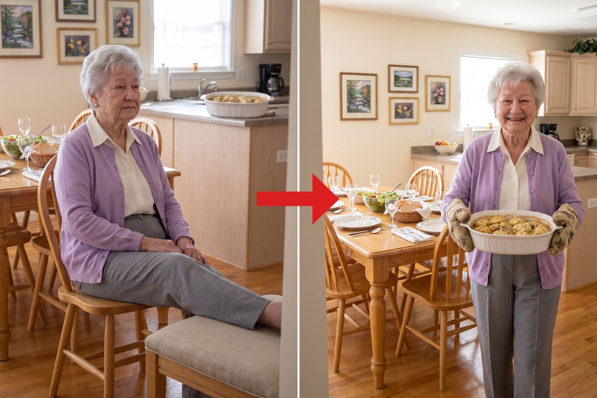 Before: she sits on a kitchen chair with her knee propped up on a stool while the big dish waits on the counter. Now: she carries the big dish of chicken and dumplings to the table herself, smiling.