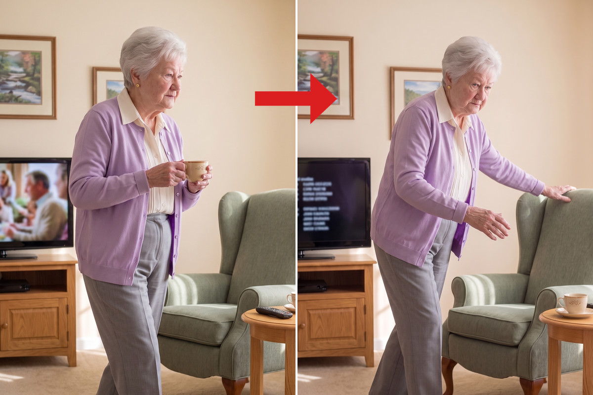 She walks to her armchair with a cup of tea; after the movie, with the credits on the TV, she stands bent over by the chair, gripping its back, and takes a stiff first step.