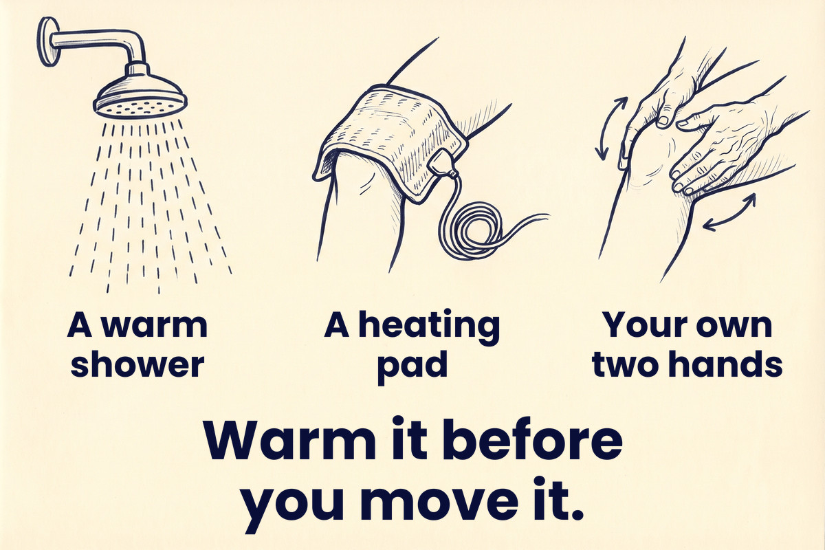 Marker sketch: a warm shower, a heating pad on a knee and two hands rubbing a knee, with the words Warm it before you move it.