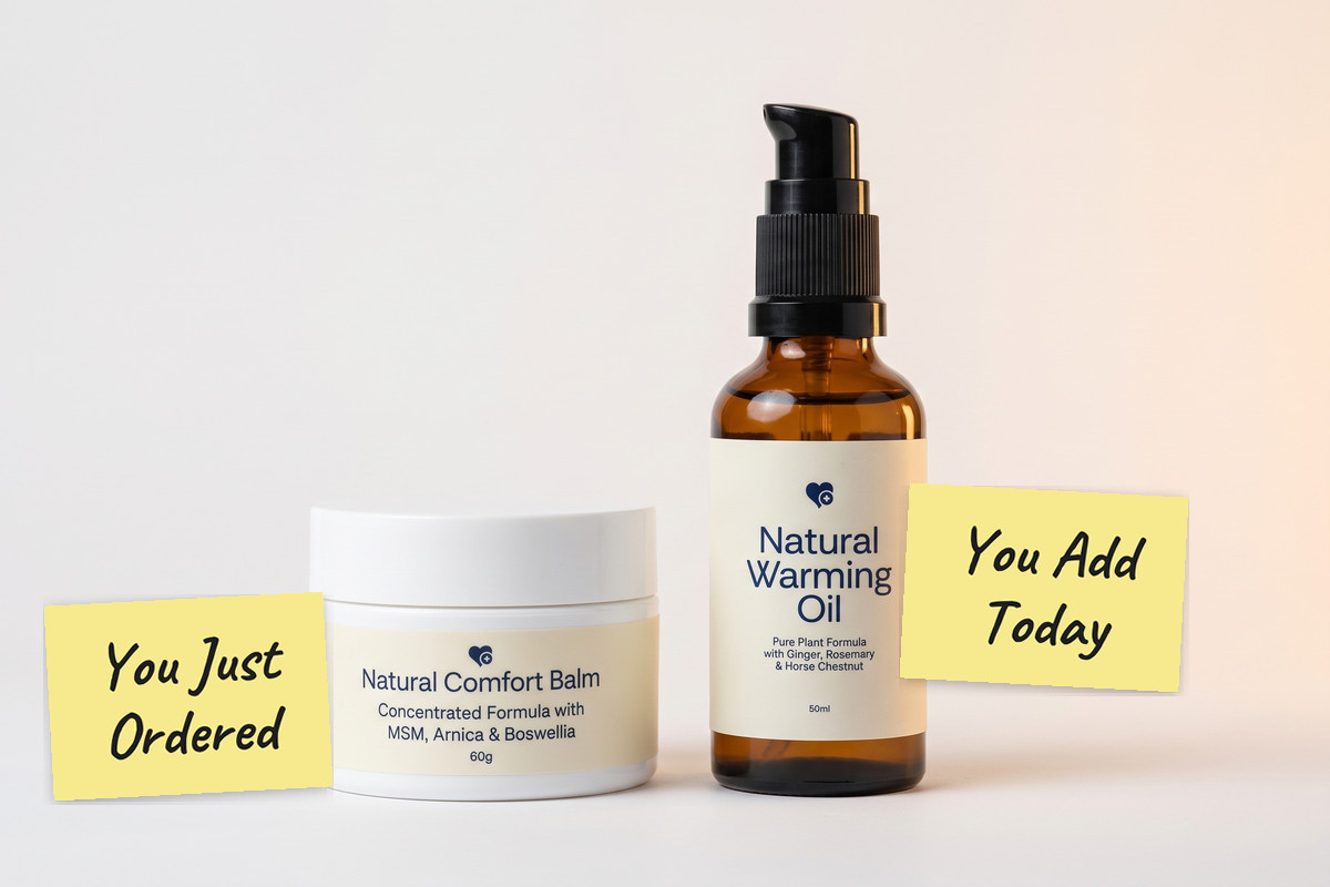 The Natural Comfort Balm jar with a note: You Just Ordered. The Natural Warming Oil bottle with a note: You Add Today.