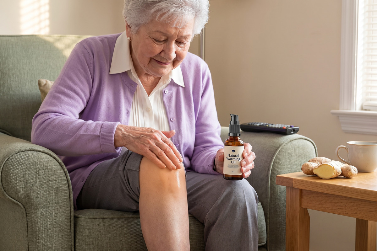 In her armchair after the movie, she massages warming oil into her bare knee in slow circles, the bottle in her other hand and a fresh ginger root on the side table.