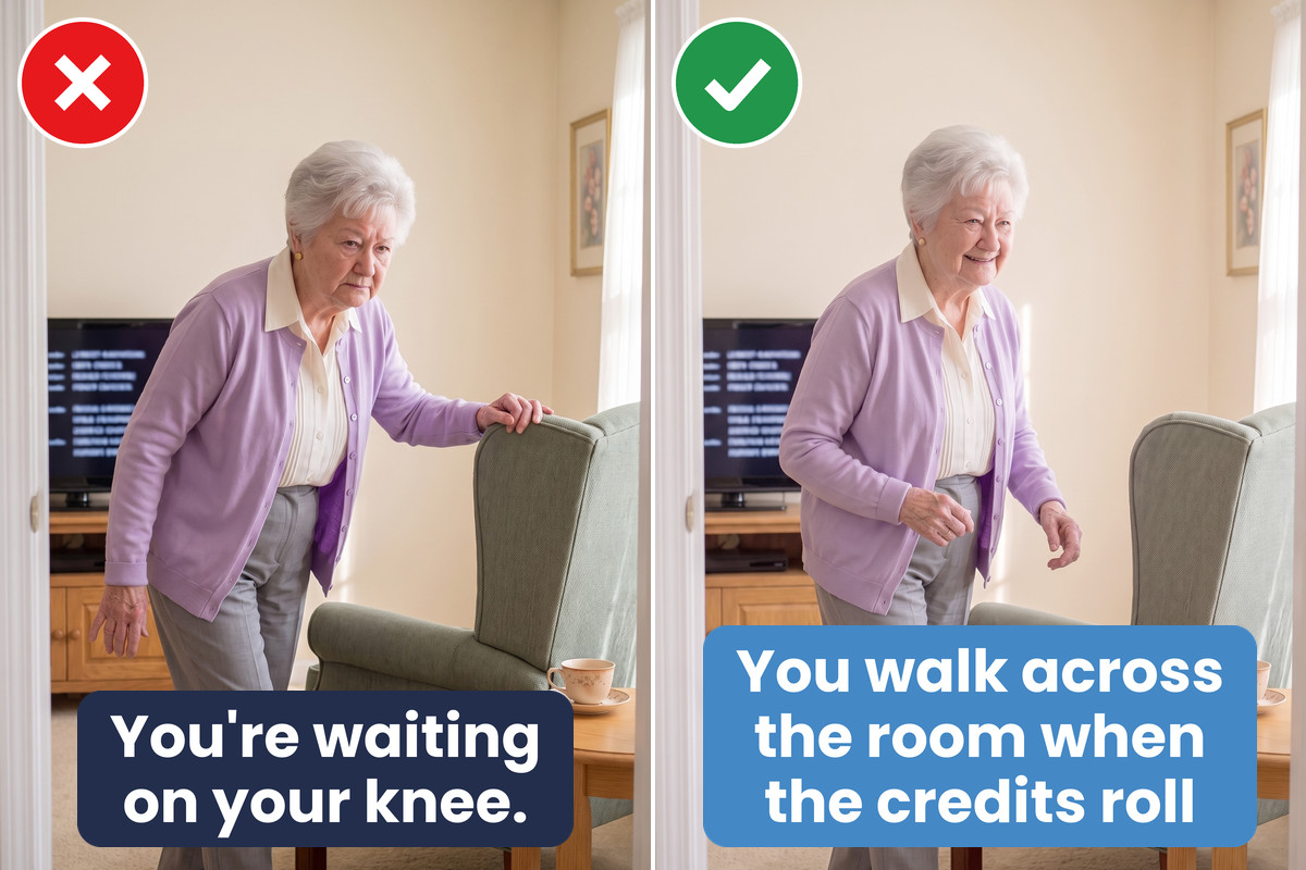 Without: she waits bent over by her chair, gripping its back. With: she walks across the room as the credits roll. Words: You're waiting on your knee. You walk across the room when the credits roll.