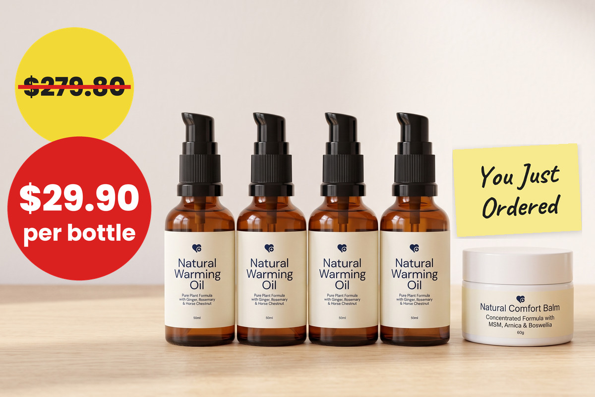 Four bottles of Natural Warming Oil, $279.80 crossed out, $29.90 per bottle, beside the Natural Comfort Balm jar with a note: You Just Ordered.